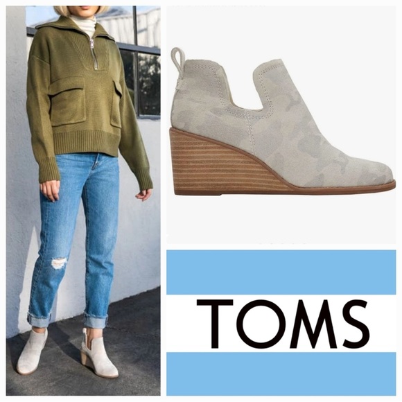 TOMS Kallie Egret Camo Printed Suede Wedge Ankle Boots 12 - Picture 3 of 10